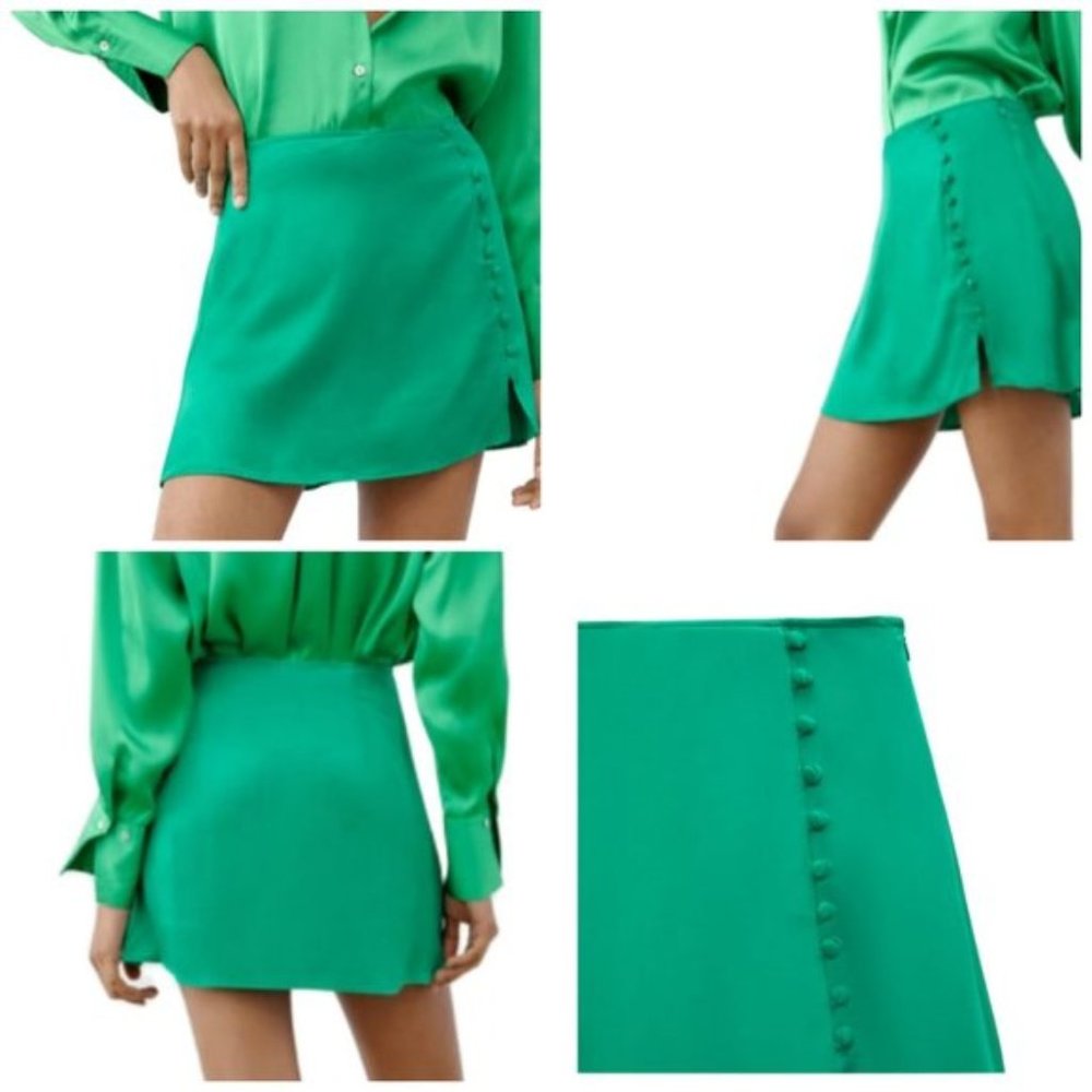 Zara Bright Green Mini Skirt with Covered Side Buttons